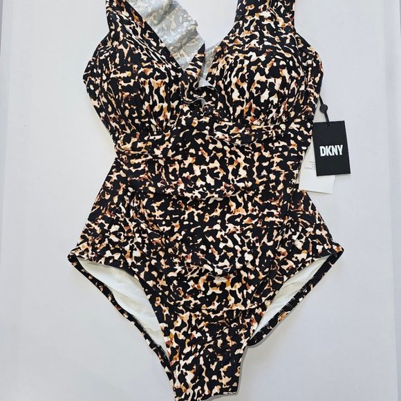 DKNY Ruffle Plunge One-Piece Swimsuit Cheetah Print Size 12 - Picture 5 of 14